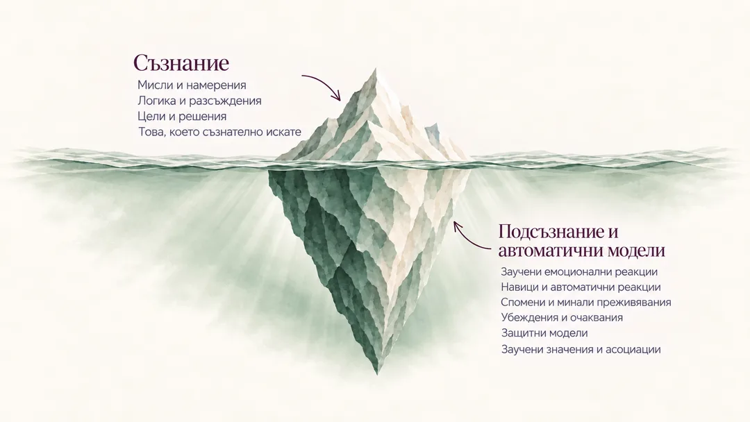 Илюстрация на айсберг. Над водата: съзнателно осъзнаване – мисли и намерения, логика, цели и решения. Под водата: подсъзнание и автоматични модели – научени емоционални реакции, навици, спомени, убеждения и очаквания, защитни модели, научени значения и асоциации.